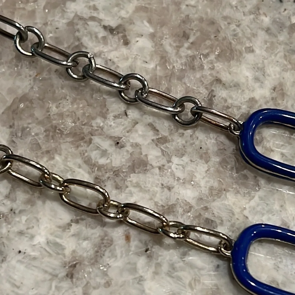 Mythologie chain link necklace, 18”, silver tone metal and navy blue enamel